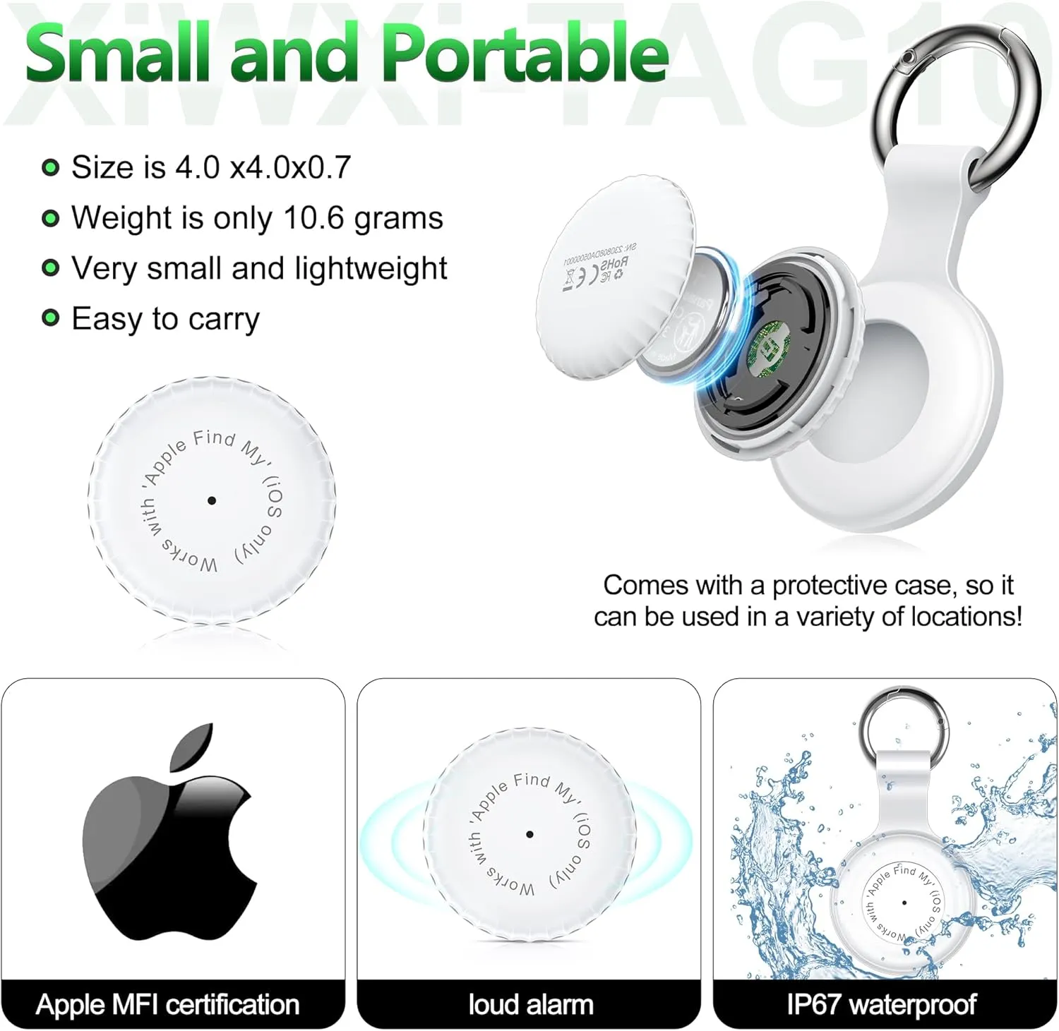 1 Pack,IPX8 Waterproof Key Finder,Bluetooth GPS Items Tracker with Tag Holder & Keychains,Works with 'Apple Find My'(iOS only),Case Compatible with Airtag,Music Reminder for Kids,Pets,Keys-White