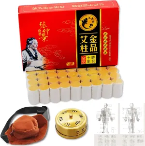 10-Years Purity 60:1 Ratio 54 Rolls Sticks Pure Moxibustion   1 Copper Portable Smokeless Mugwort Moxibustion Moxa Box Round Shape Burner 1 Acupoint Map艾灸柱 艾柱带铜盒穴位图