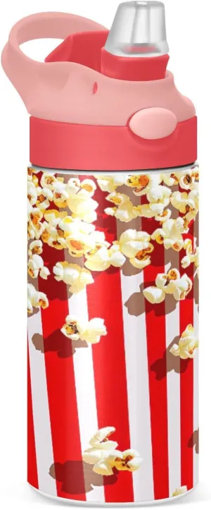12oz Insulated Stainless Steel Water Bottle - Delicious Popcorn Design, BPA-Free Leak-Proof Reusable Sports Bottle with Straw & Handle for Travel, Outdoor（219）