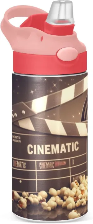 12oz Insulated Stainless Steel Water Bottle - Movie Theater Popcorn Design, BPA-Free Leak-Proof Reusable Sports Bottle with Straw & Handle for Travel, Outdoor（307）