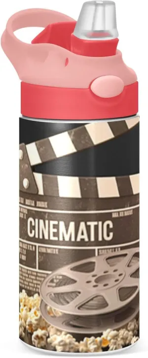 12oz Insulated Stainless Steel Water Bottle - Movie Theater Popcorn Design, BPA-Free Leak-Proof Reusable Sports Bottle with Straw & Handle for Travel, Outdoor（313）