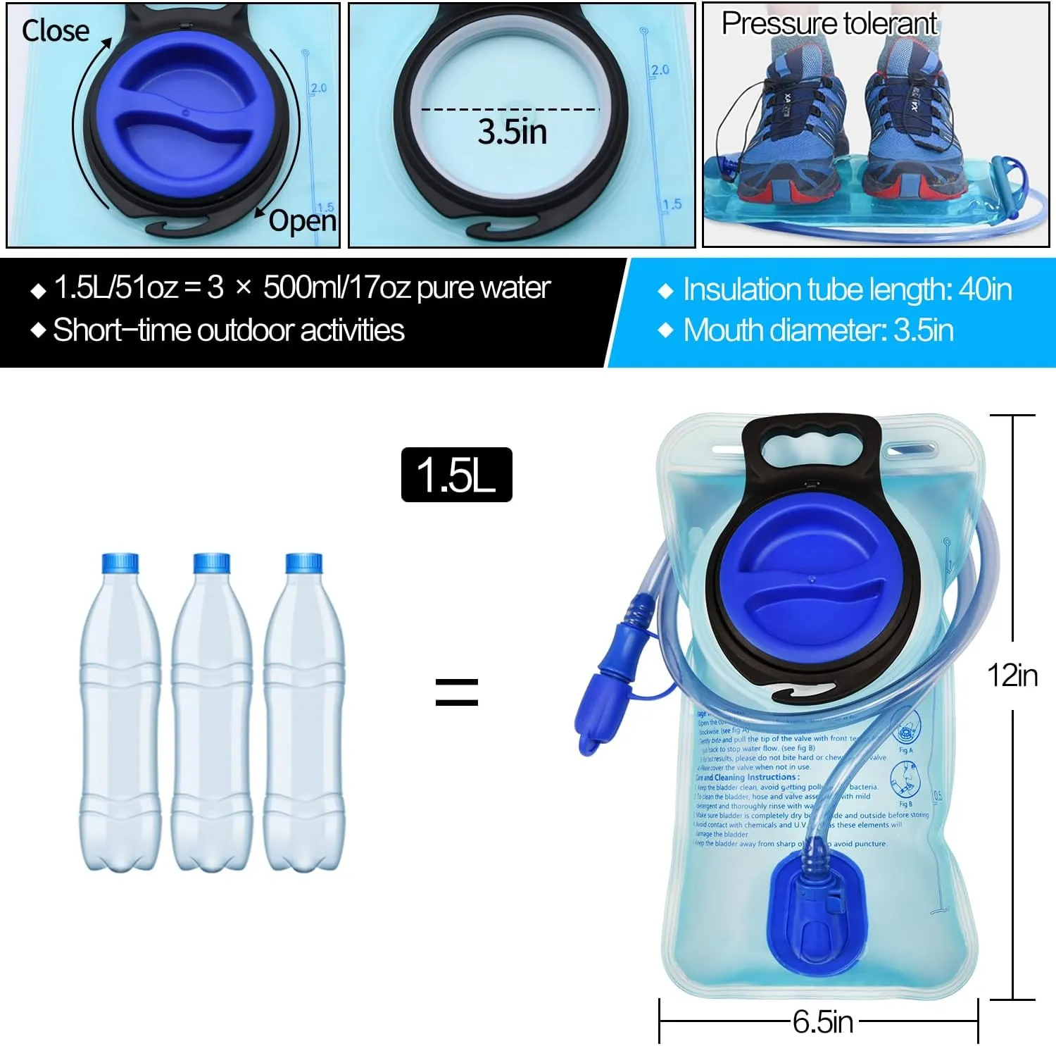1.5L/2L/2.5L/3L Hydration Bladder, Large Opening Water Storage Bladder Bag, for Cycling Hiking Camping