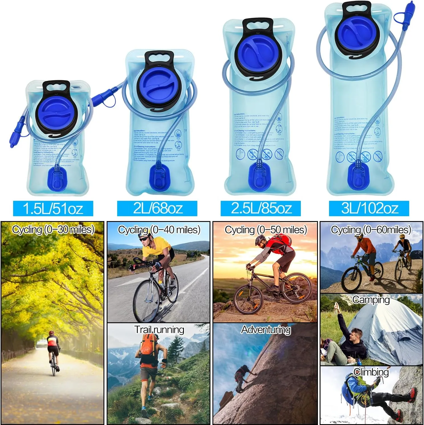 1.5L/2L/2.5L/3L Hydration Bladder, Large Opening Water Storage Bladder Bag, for Cycling Hiking Camping