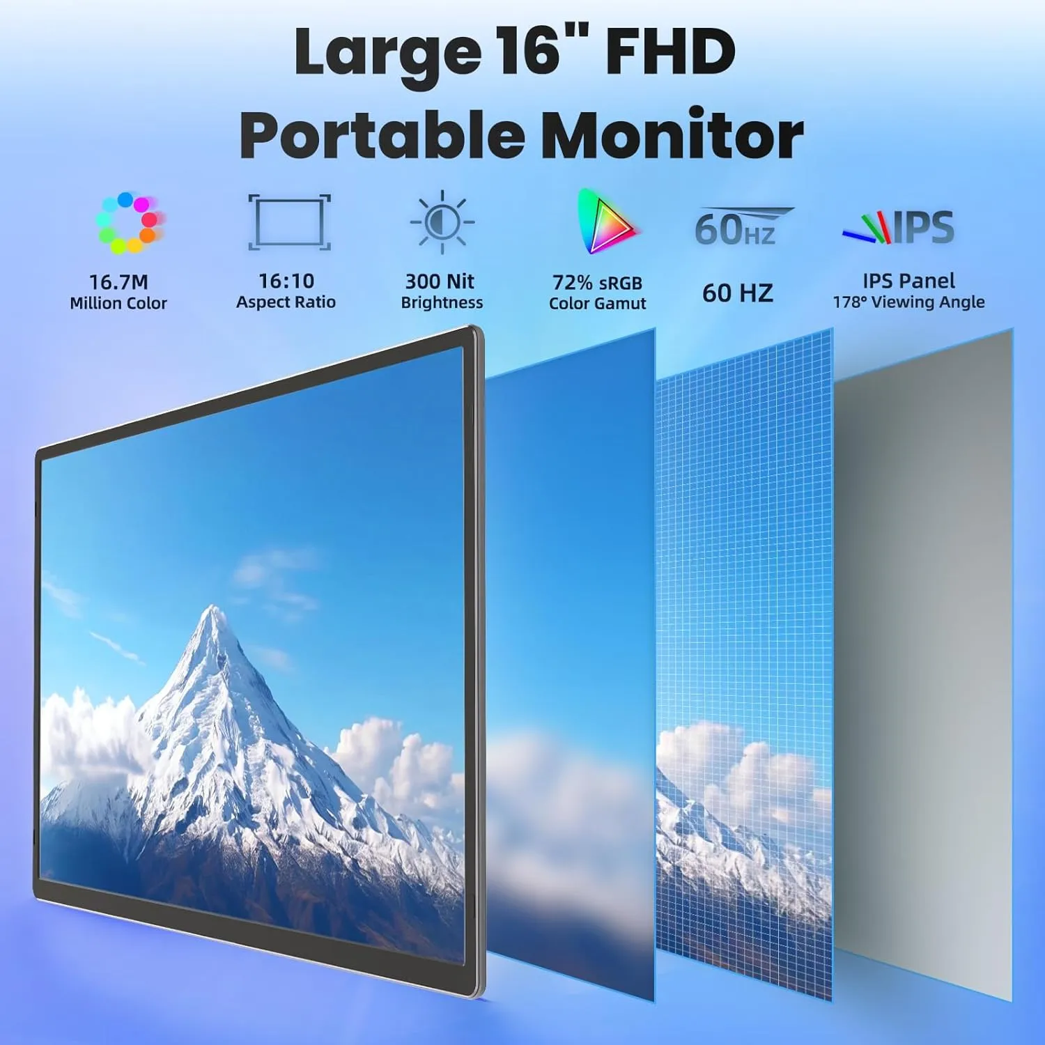 16" Portable Monitor for Laptop - 1200P FHD IPS Travel Screen Extender with HDMI & USB-C Ultra-Thin External Display with Adjustable Stand Compatible with PC MAC Switch Phone Computer Xbox PS4/5