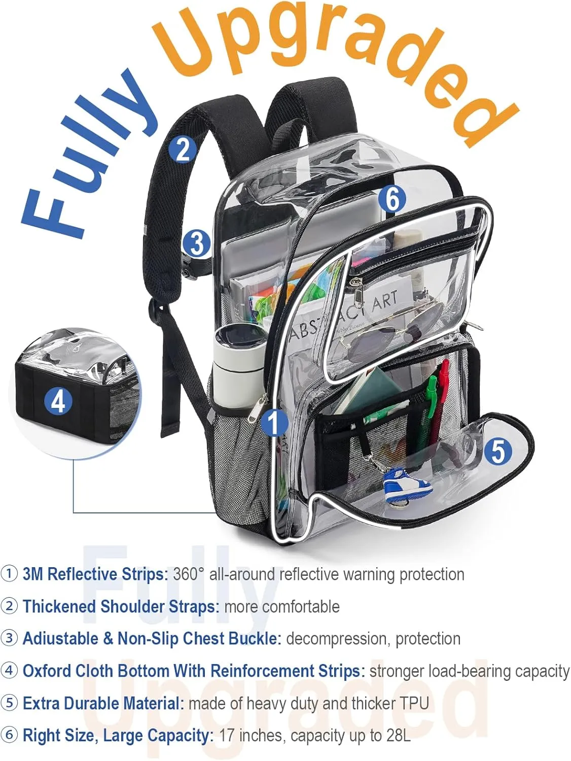 17 Inch Clear Backpack For Women Men Boys Girls, Heavy Duty Clear Bookbag, Transparent Bag For Sport Work Travel
