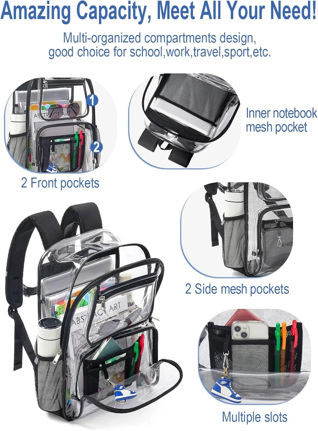 17 Inch Clear Backpack For Women Men Boys Girls, Heavy Duty Clear Bookbag, Transparent Bag For Sport Work Travel