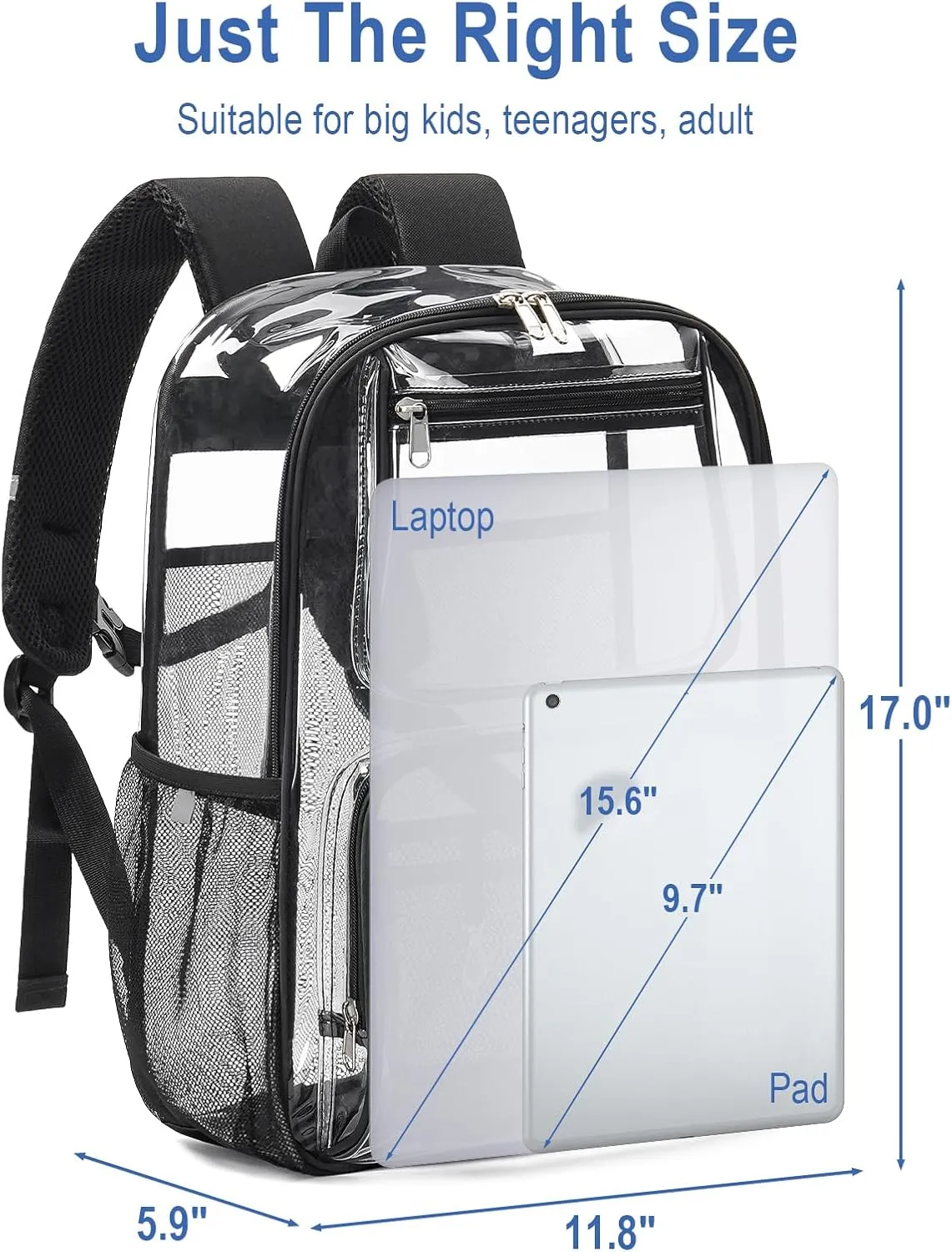 17 Inch Clear Backpack For Women Men Boys Girls, Heavy Duty Clear Bookbag, Transparent Bag For Sport Work Travel