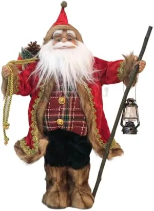 18" Hiking Woodsman Santa Standing Figurine- Craftsmanship & Detailed with Walking Stick, Kerosene Copper Lantern, Velvet Over The Shoulder Bag of Presents
