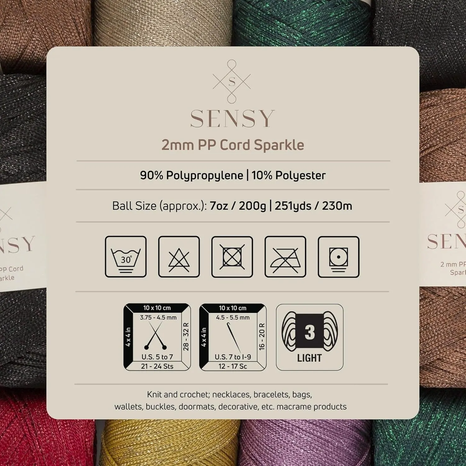 2 Pack of Sensy Premium 2mm 251 Yards Sparkle Polyester Rope 90% Polypropylene 10% Polyester Cord Macrame Cord 2mm Crochet Bag Cord Macrame Rope Crochet Thread Gift for Knitter (Copper Sparkle)