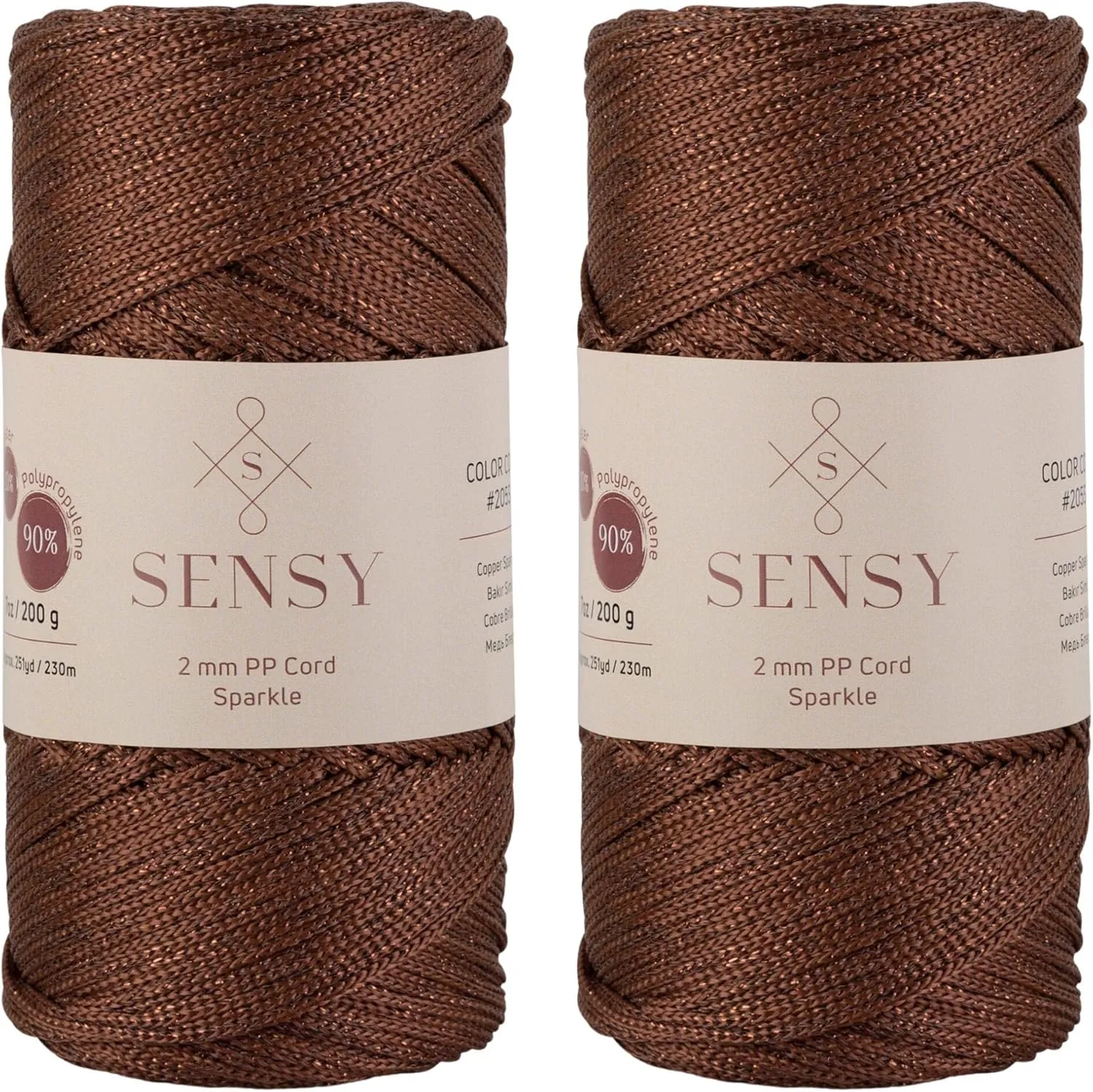 2 Pack of Sensy Premium 2mm 251 Yards Sparkle Polyester Rope 90% Polypropylene 10% Polyester Cord Macrame Cord 2mm Crochet Bag Cord Macrame Rope Crochet Thread Gift for Knitter (Copper Sparkle)