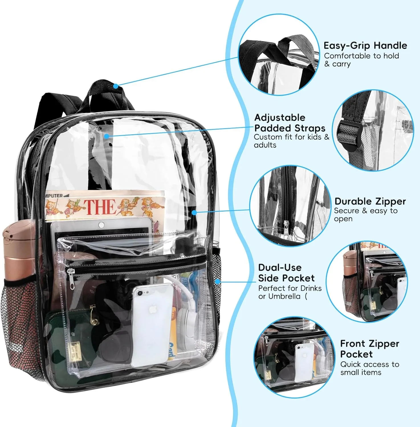 24-Pack 17'' Clear Black Backpacks for School – Transparent Bookbags for Kids, Heavy Duty PVC Clear Bags with Reinforced Straps, Bulk Back Pack for Girls Boys Elementary, Middle & High School