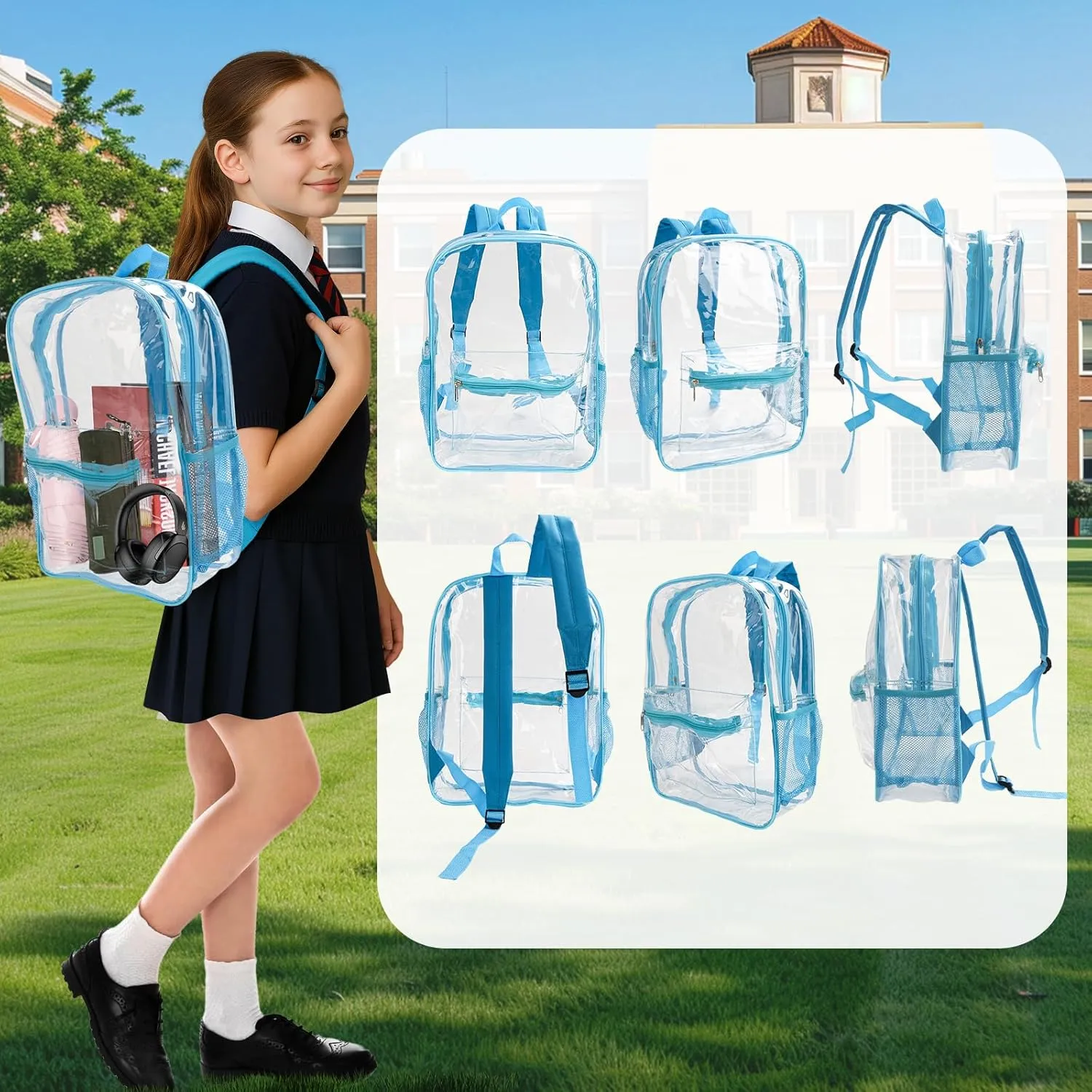 24-Pack 17'' Clear Black Backpacks for School – Transparent Bookbags for Kids, Heavy Duty PVC Clear Bags with Reinforced Straps, Bulk Back Pack for Girls Boys Elementary, Middle & High School