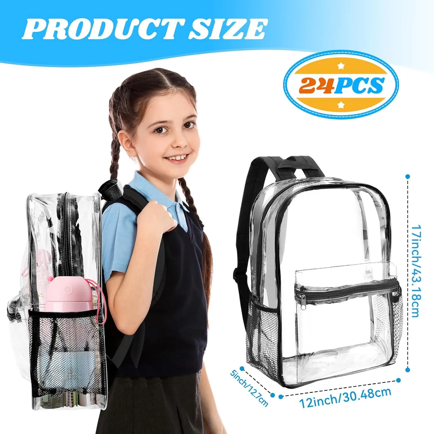 24-Pack 17'' Clear Black Backpacks for School – Transparent Bookbags for Kids, Heavy Duty PVC Clear Bags with Reinforced Straps, Bulk Back Pack for Girls Boys Elementary, Middle & High School