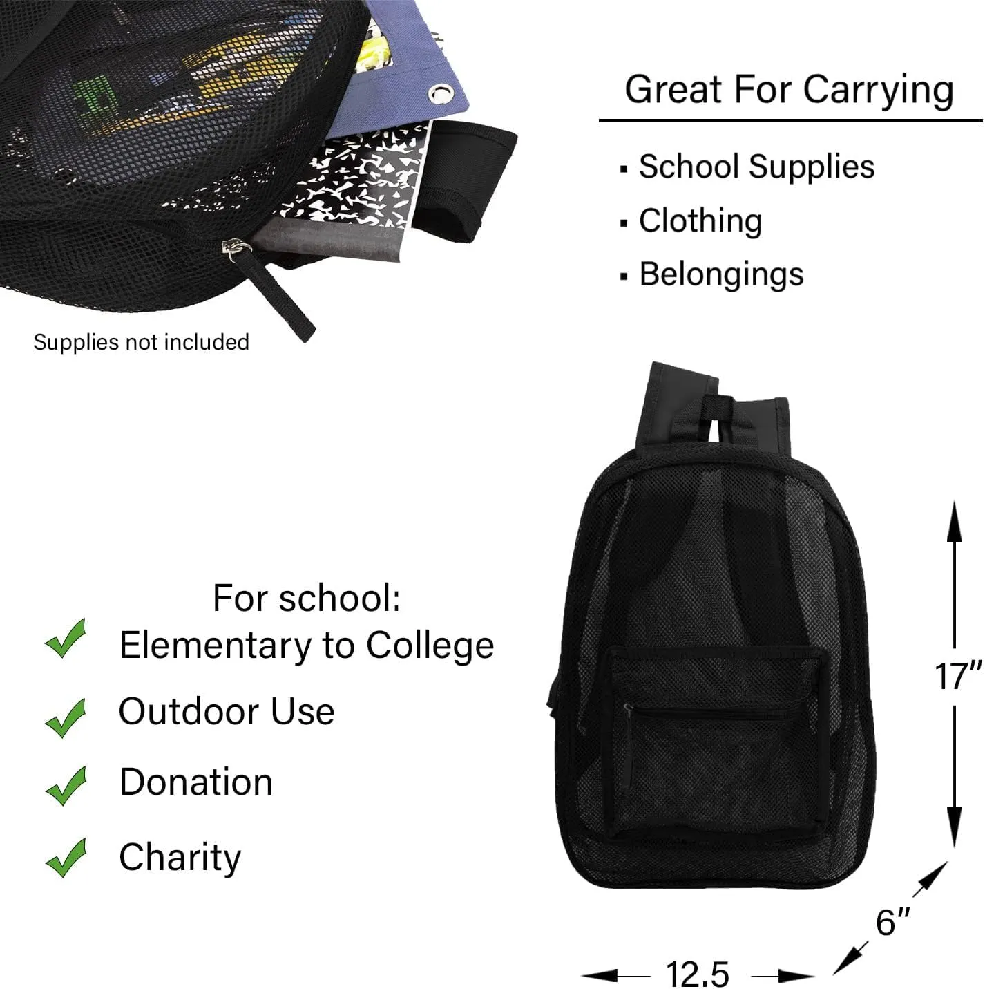 24 Pack 17" Wholesale Bulk Mesh Backpacks, Black - Bookbags in Bulk for Elementary, Middle, and High School Students