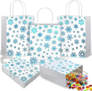 24 Pcs Winter Snowflake Gift Bags Blue Metallic Kraft Paper Bag with Handle 5.91 x 3.15 x 8.27 In Small Christmas Goodie Treat Party Favor Bag Reusable for Holiday Xmas Birthday Supply
