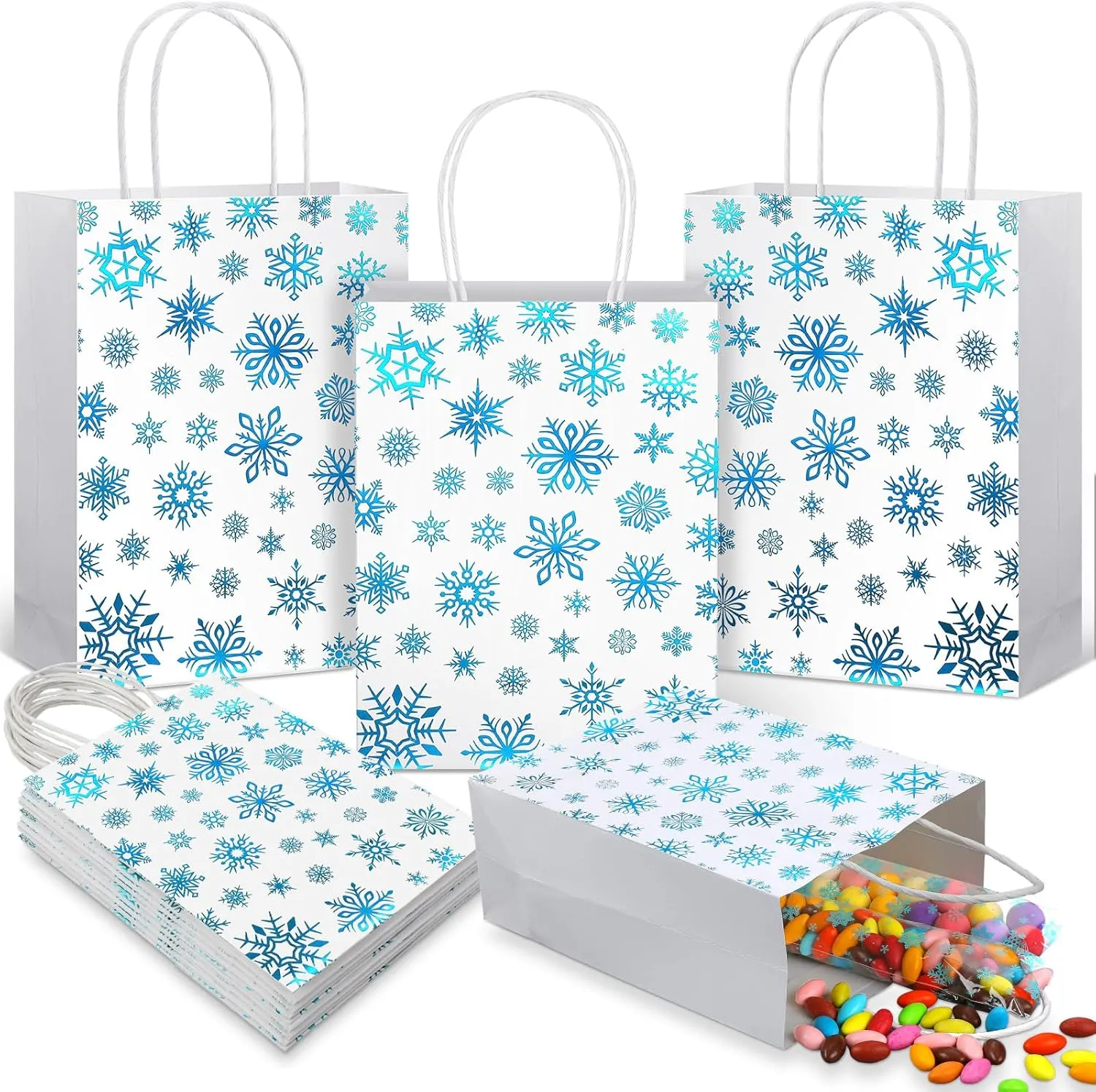 24 Pcs Winter Snowflake Gift Bags Blue Metallic Kraft Paper Bag with Handle 5.91 x 3.15 x 8.27 In Small Christmas Goodie Treat Party Favor Bag Reusable for Holiday Xmas Birthday Supply