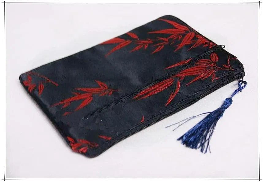 2pcs Tassel Travel Two Zipper Purse Jewelry Makeup Pouch Bags Chinese Silk Brocade Storage Bags Jewellery Cosmetic Cell Phone (black (2 pcs Pattern Random))