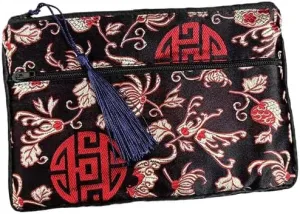 2pcs Tassel Travel Two Zipper Purse Jewelry Makeup Pouch Bags Chinese Silk Brocade Storage Bags Jewellery Cosmetic Cell Phone (black (2 pcs Pattern Random))