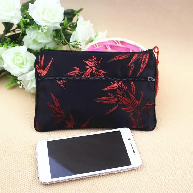 2pcs Tassel Travel Two Zipper Purse Jewelry Makeup Pouch Bags Chinese Silk Brocade Storage Bags Jewellery Cosmetic Cell Phone (black (2 pcs Pattern Random))