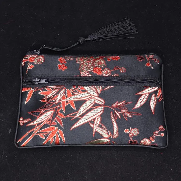 2pcs Tassel Travel Two Zipper Purse Jewelry Makeup Pouch Bags Chinese Silk Brocade Storage Bags Jewellery Cosmetic Cell Phone (black (2 pcs Pattern Random))