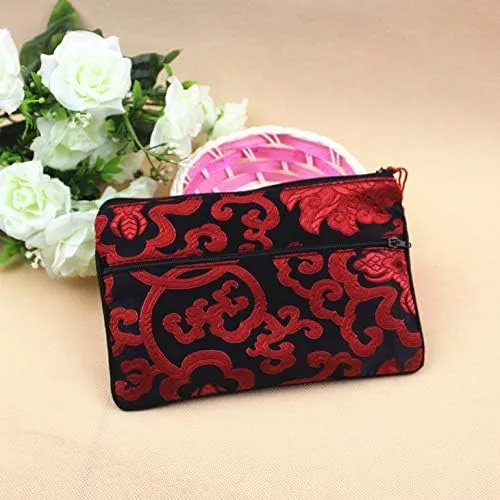 2pcs Tassel Travel Two Zipper Purse Jewelry Makeup Pouch Bags Chinese Silk Brocade Storage Bags Jewellery Cosmetic Cell Phone (black (2 pcs Pattern Random))