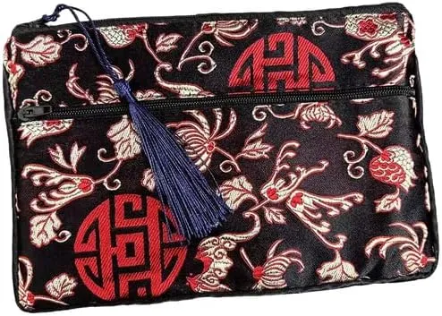 2pcs Tassel Travel Two Zipper Purse Jewelry Makeup Pouch Bags Chinese Silk Brocade Storage Bags Jewellery Cosmetic Cell Phone (black (2 pcs Pattern Random))