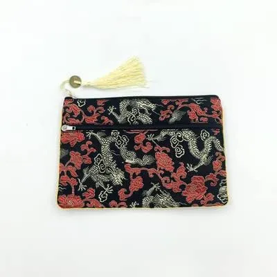2pcs Tassel Travel Two Zipper Purse Jewelry Makeup Pouch Bags Chinese Silk Brocade Storage Bags Jewellery Cosmetic Cell Phone (black (2 pcs Pattern Random))