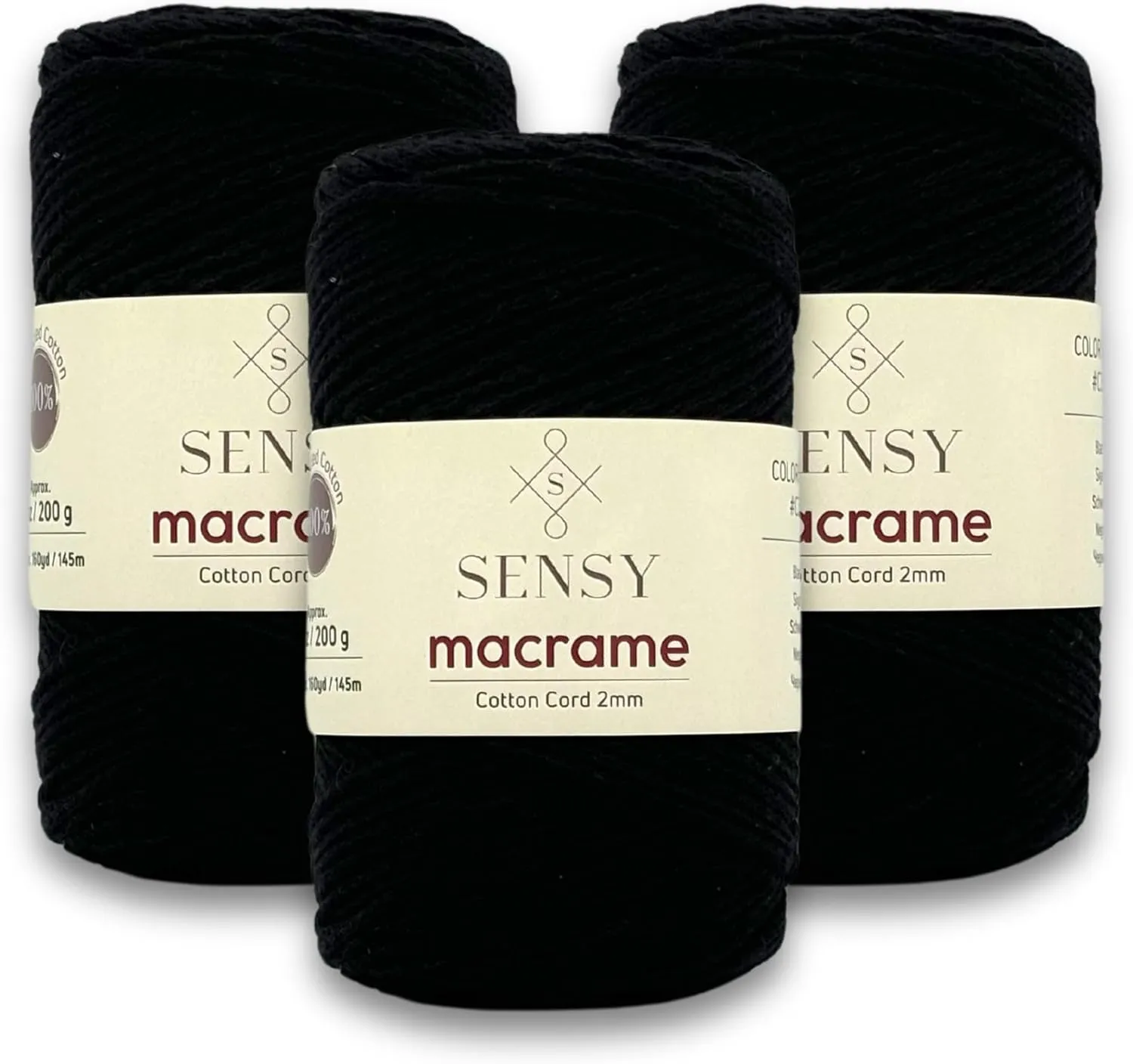 3 Skeins of Sensy Premium 2mm - 160 Yards 100% Recycled Cotton Macrame Cord Crochet Bag Cord Macrame Rope Crochet Thread (Black)