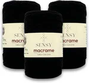3 Skeins of Sensy Premium 2mm - 160 Yards 100% Recycled Cotton Macrame Cord Crochet Bag Cord Macrame Rope Crochet Thread (Black)