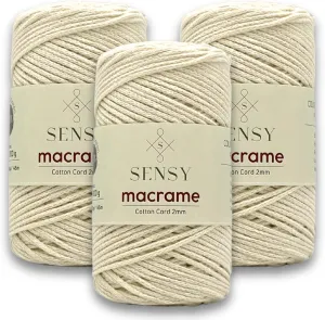 3 Skeins of Sensy Premium 2mm - 160 Yards 100% Recycled Cotton Macrame Cord Crochet Bag Cord Macrame Rope Crochet Thread (Ecru)