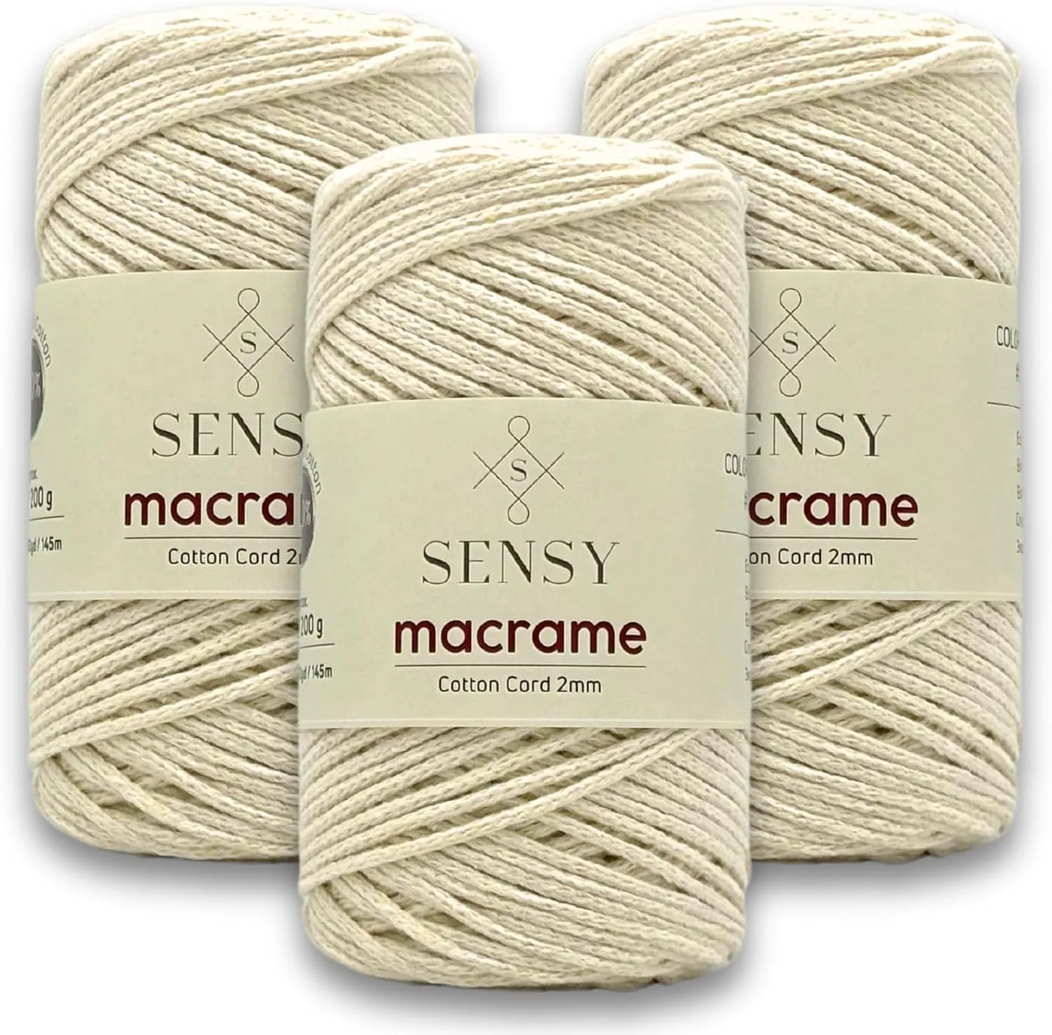 3 Skeins of Sensy Premium 2mm - 160 Yards 100% Recycled Cotton Macrame Cord Crochet Bag Cord Macrame Rope Crochet Thread (Ecru)