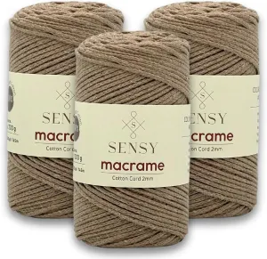 3 Skeins of Sensy Premium 2mm - 160 Yards 100% Recycled Cotton Macrame Cord Crochet Bag Cord Macrame Rope Crochet Thread (Mink)