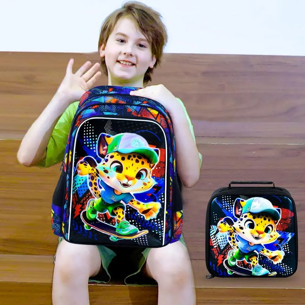 3PCS Backpack for Boys, 16'' Kids Leopard Preschool Bookbag with Lunch Box, Cool Animal Water Resistant School Backpacks Set for Elementary Kindergarten Teen