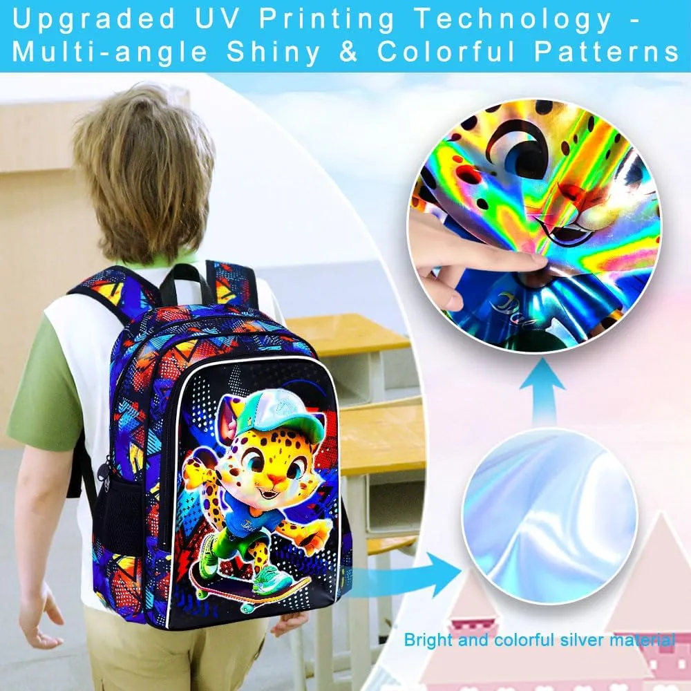 3PCS Backpack for Boys, 16'' Kids Leopard Preschool Bookbag with Lunch Box, Cool Animal Water Resistant School Backpacks Set for Elementary Kindergarten Teen
