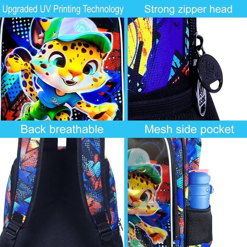 3PCS Backpack for Boys, 16'' Kids Leopard Preschool Bookbag with Lunch Box, Cool Animal Water Resistant School Backpacks Set for Elementary Kindergarten Teen