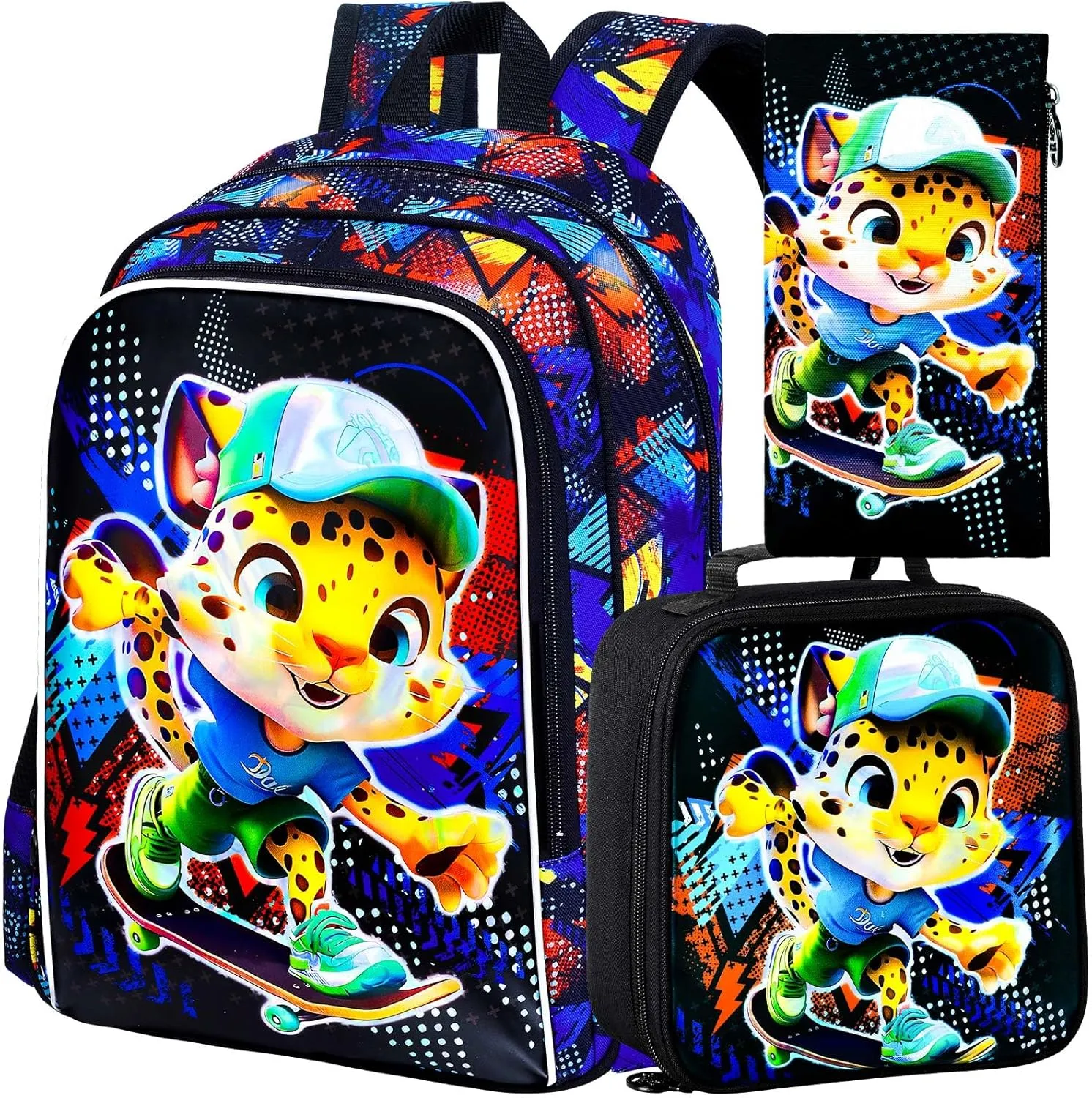 3PCS Backpack for Boys, 16'' Kids Leopard Preschool Bookbag with Lunch Box, Cool Animal Water Resistant School Backpacks Set for Elementary Kindergarten Teen