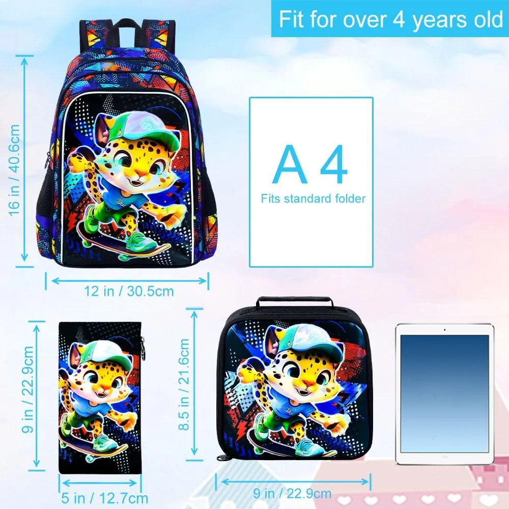 3PCS Backpack for Boys, 16'' Kids Leopard Preschool Bookbag with Lunch Box, Cool Animal Water Resistant School Backpacks Set for Elementary Kindergarten Teen
