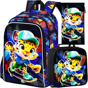 3PCS Backpack for Boys, 16'' Kids Leopard Preschool Bookbag with Lunch Box, Cool Animal Water Resistant School Backpacks Set for Elementary Kindergarten Teen