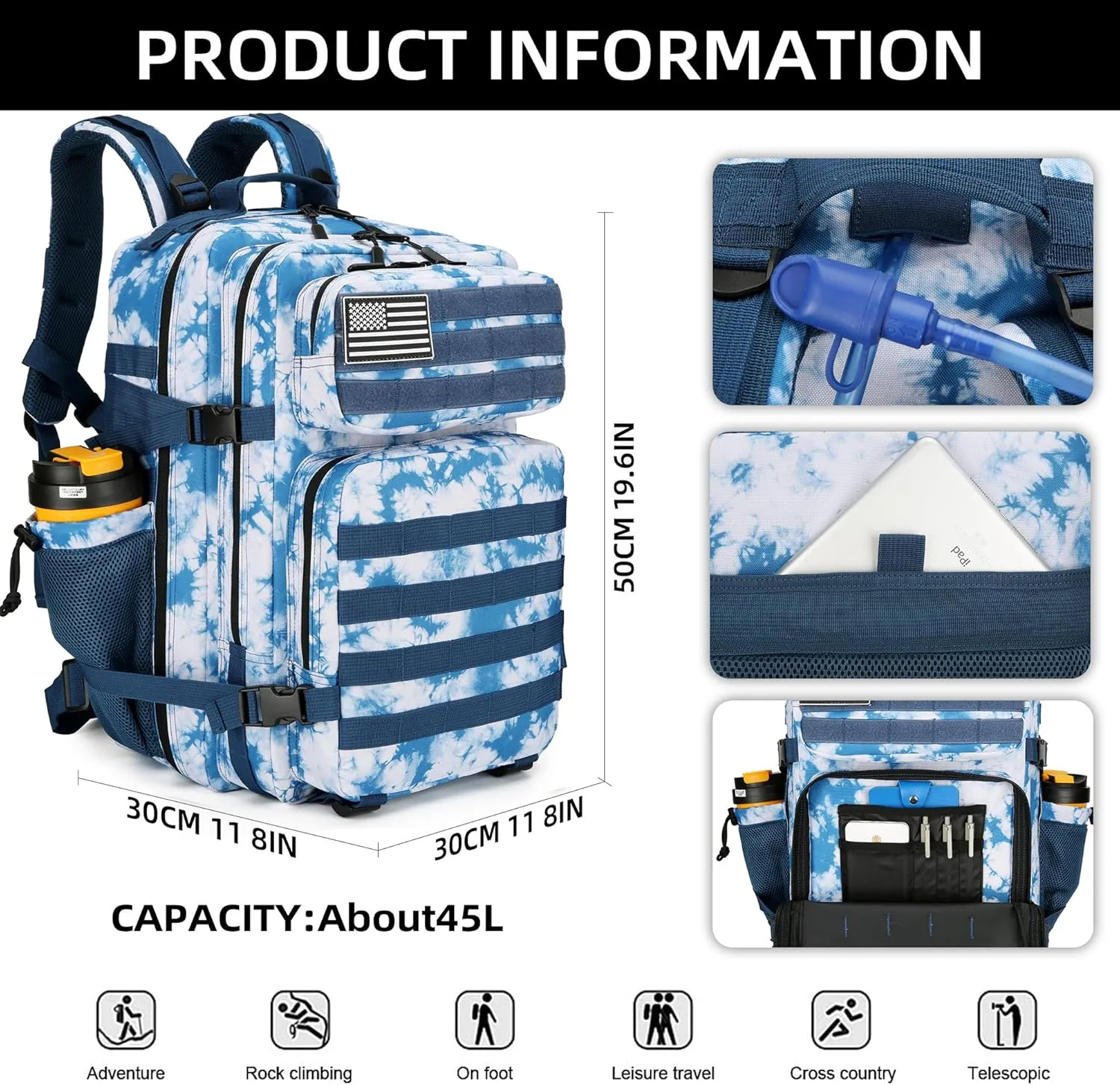 45L Tactical Assault Backpack 3 day assault pack with Molle Waterproof backpack Rucksack for Tactical Backpacks (Blue coral)