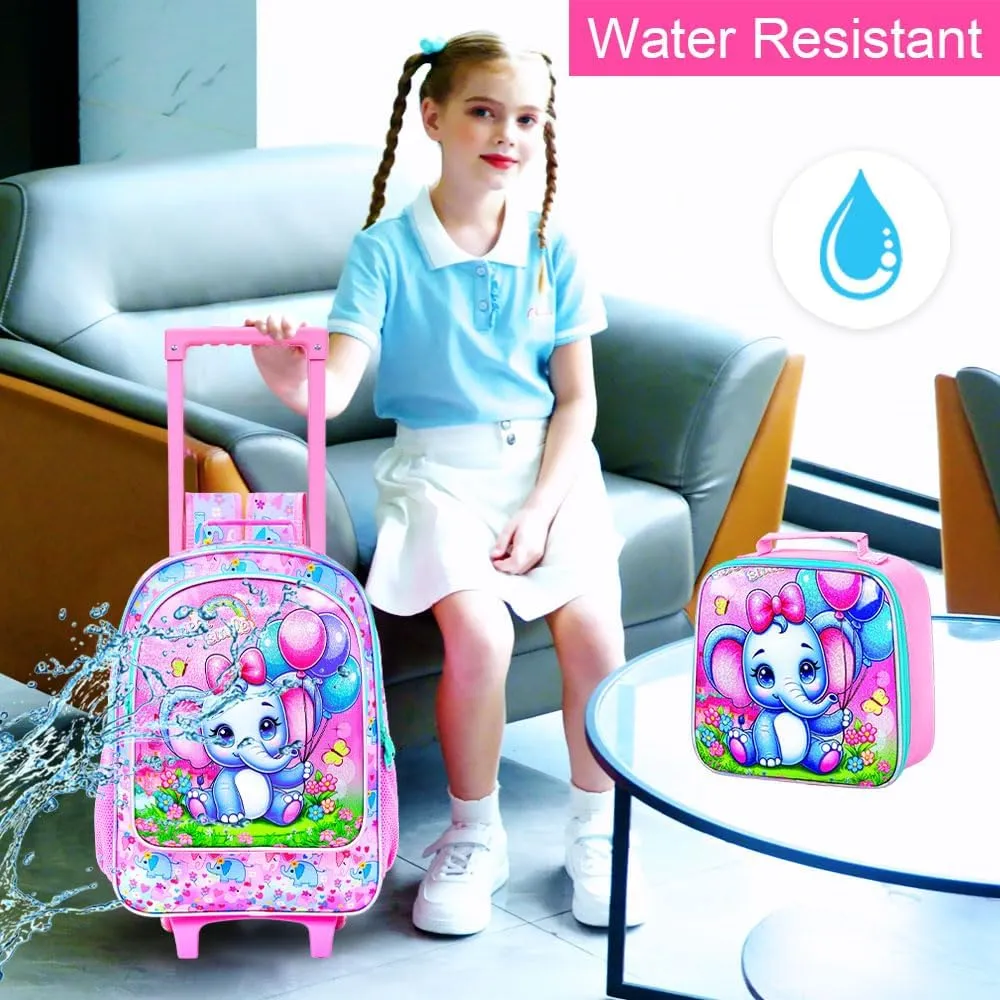 4PCS Rolling Backpack for Girls, Kids Roller School Bookbag with wheels, Elephant Water Resistant Wheeled Backpacks set for Teens Elementary Trave