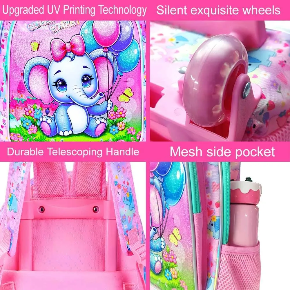 4PCS Rolling Backpack for Girls, Kids Roller School Bookbag with wheels, Elephant Water Resistant Wheeled Backpacks set for Teens Elementary Trave