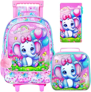 4PCS Rolling Backpack for Girls, Kids Roller School Bookbag with wheels, Elephant Water Resistant Wheeled Backpacks set for Teens Elementary Trave
