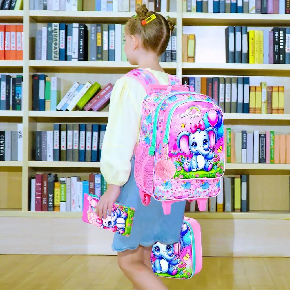 4PCS Rolling Backpack for Girls, Kids Roller School Bookbag with wheels, Elephant Water Resistant Wheeled Backpacks set for Teens Elementary Trave