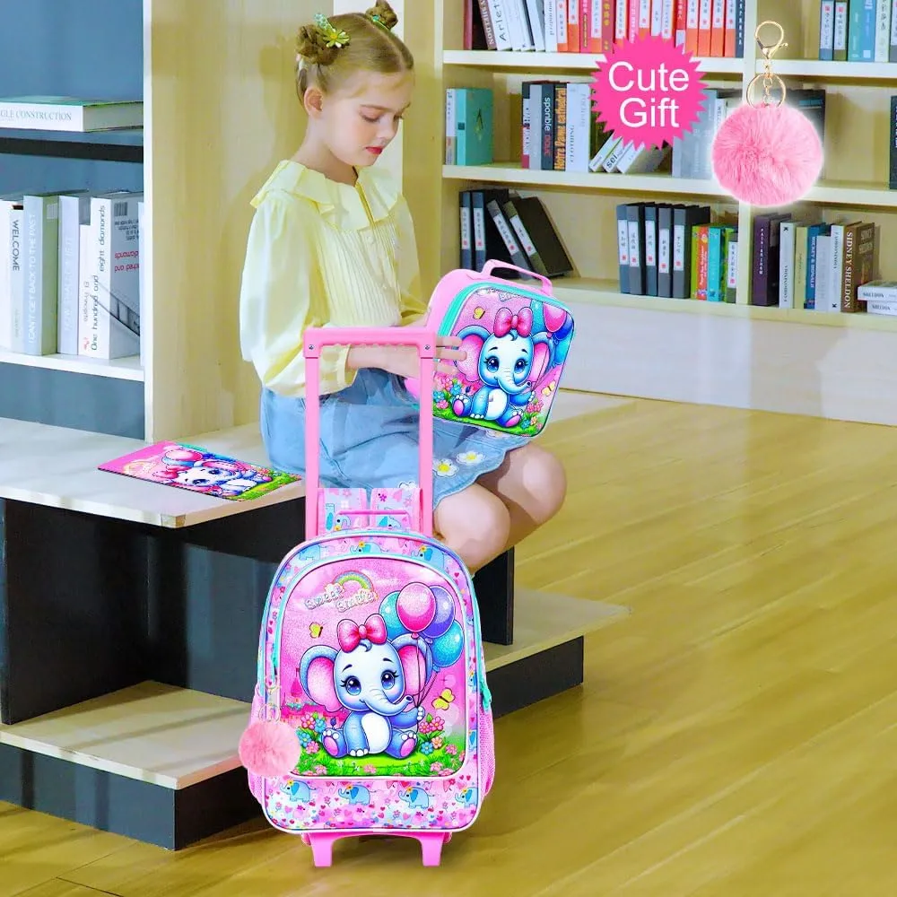 4PCS Rolling Backpack for Girls, Kids Roller School Bookbag with wheels, Elephant Water Resistant Wheeled Backpacks set for Teens Elementary Trave