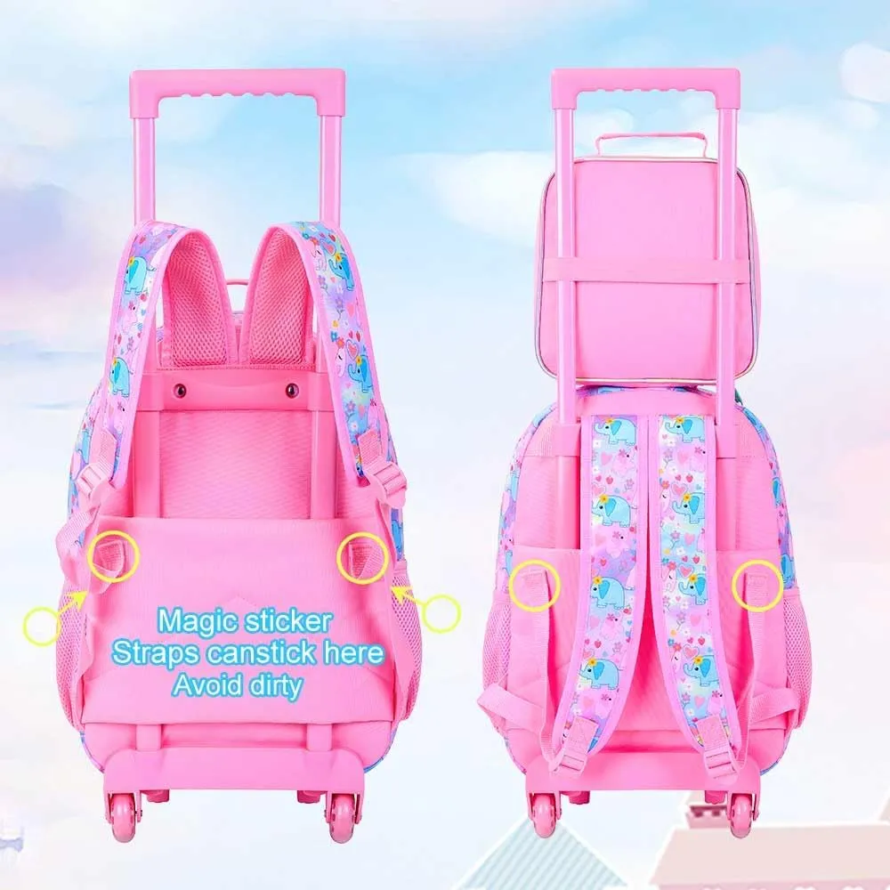 4PCS Rolling Backpack for Girls, Kids Roller School Bookbag with wheels, Elephant Water Resistant Wheeled Backpacks set for Teens Elementary Trave