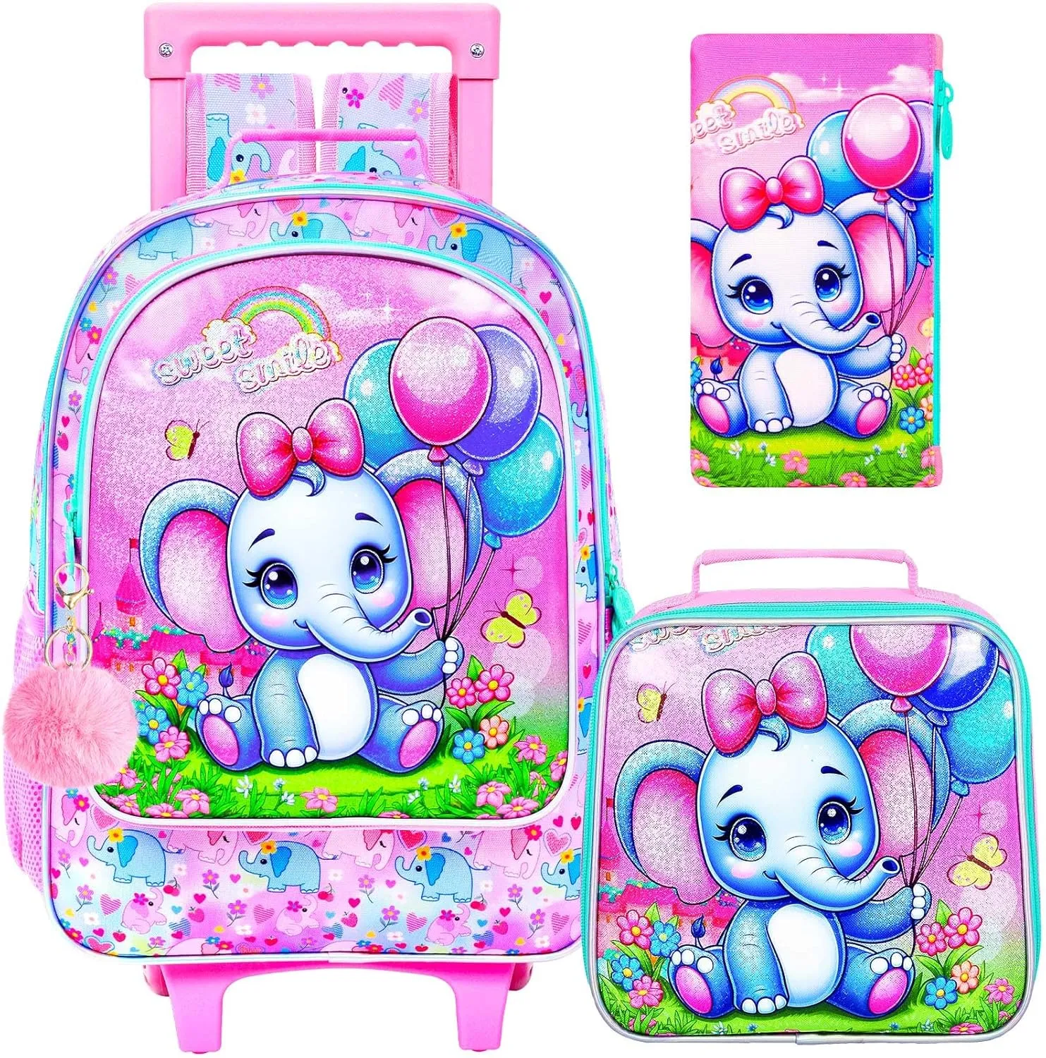 4PCS Rolling Backpack for Girls, Kids Roller School Bookbag with wheels, Elephant Water Resistant Wheeled Backpacks set for Teens Elementary Trave