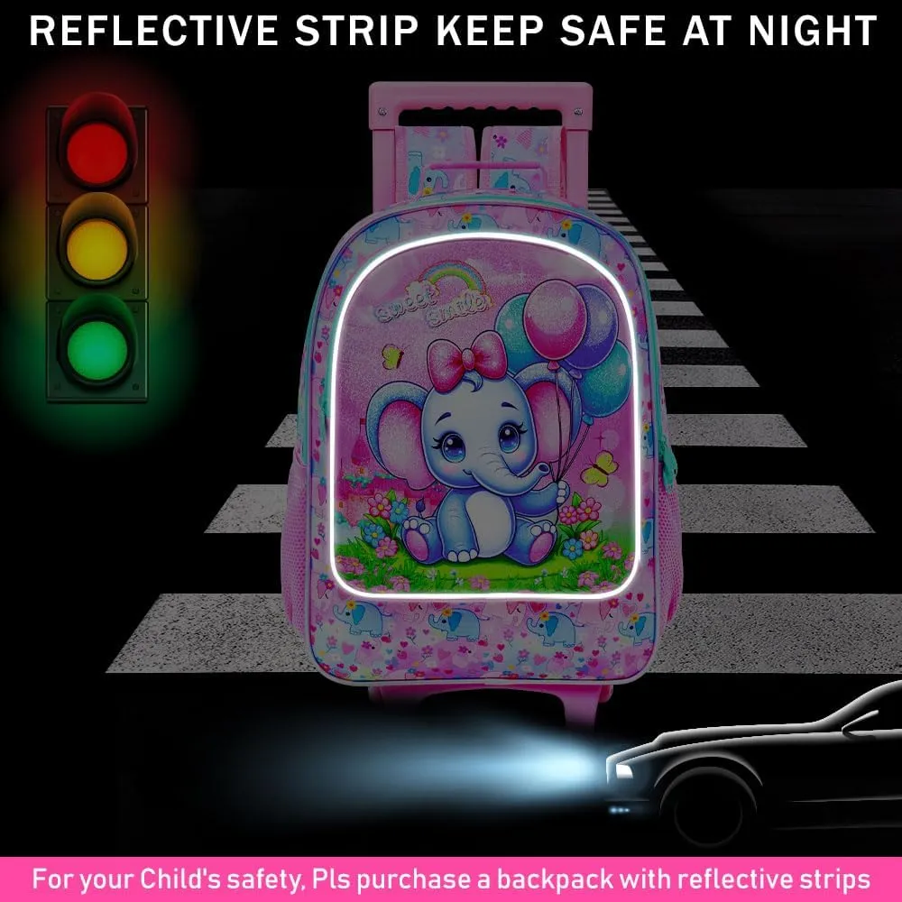 4PCS Rolling Backpack for Girls, Kids Roller School Bookbag with wheels, Elephant Water Resistant Wheeled Backpacks set for Teens Elementary Trave