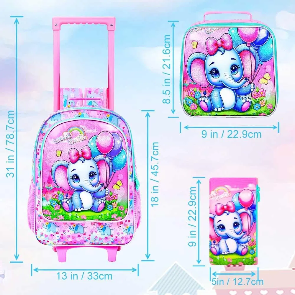 4PCS Rolling Backpack for Girls, Kids Roller School Bookbag with wheels, Elephant Water Resistant Wheeled Backpacks set for Teens Elementary Trave