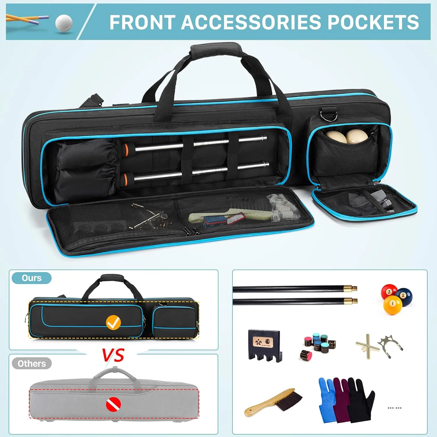 4x4 Pool Cue Case Hold Up to 4 Butts and 4 Shafts, Pool Stick Carrying Case with Front Accessories Pockets, Billiard Cue Cases with Shoulder Straps
