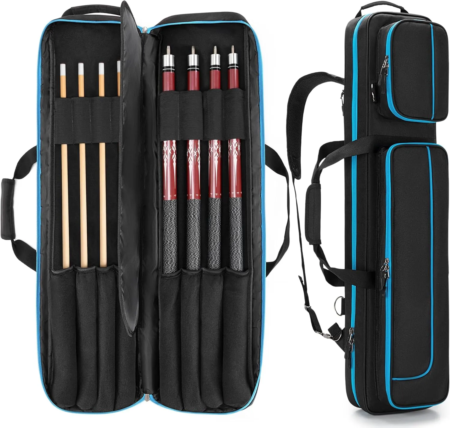 4x4 Pool Cue Case Hold Up to 4 Butts and 4 Shafts, Pool Stick Carrying Case with Front Accessories Pockets, Billiard Cue Cases with Shoulder Straps